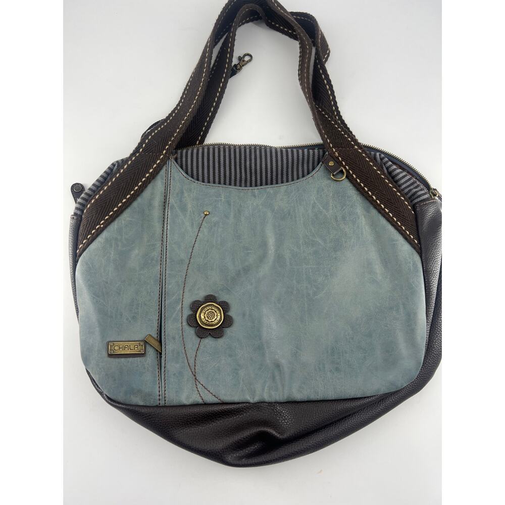 Chala Flower Purse Blue Brown Vegan Leather Shoulder Bowling Bag Large Floral